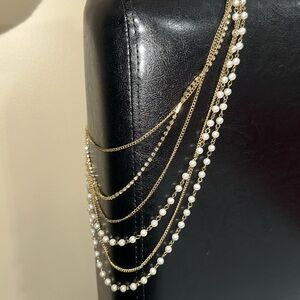 Gold, pearl, diamond multilayer necklace